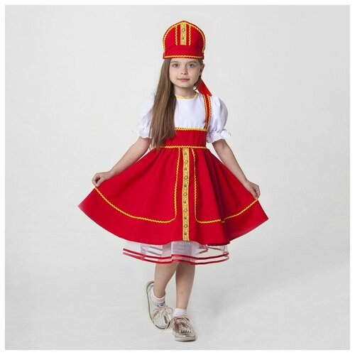 Русский народный костюм, кокошник, сарафан с рубашкой, цвет красный, рост 122-128, 6-7 лет костюм русский народный платье кокошник рост 122 128 см 6 7 лет цвет зелёный