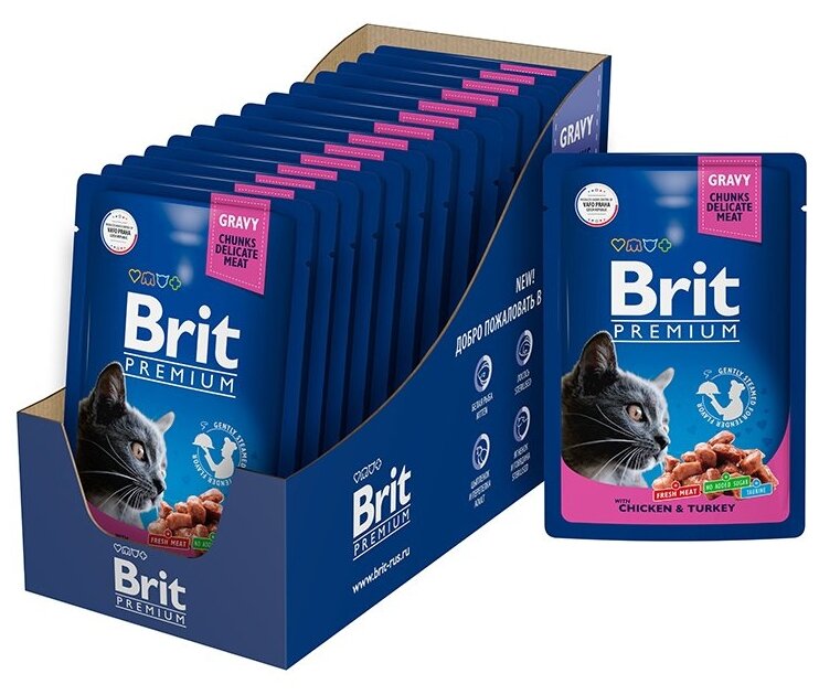 Пауч для взрослых кошек Brit Premium цыпленок и индейка 14 шт х 85г