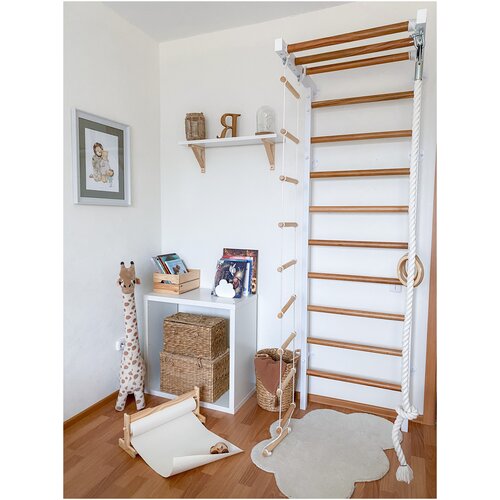 Шведская стенка для детей, с металлическими стойками и буковыми перекладинами, белый Асланд 230 см к стене, турник рукоход