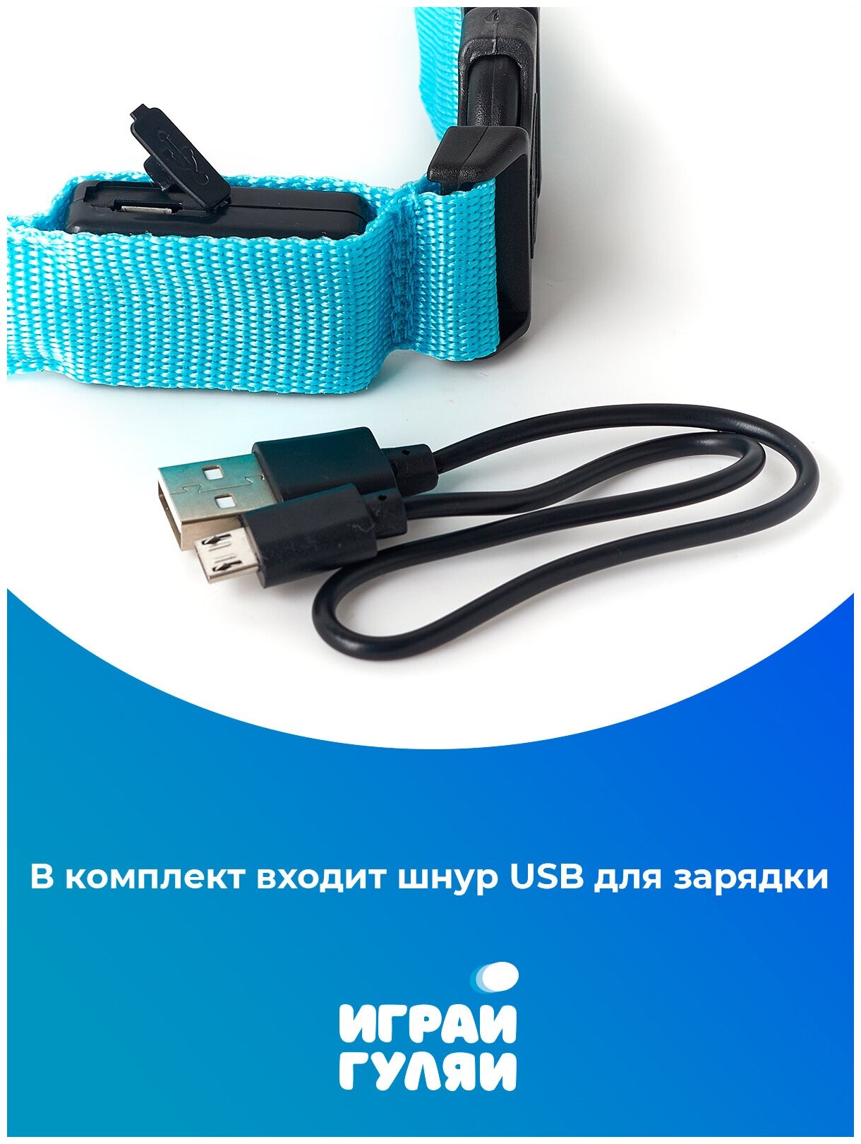 Ошейник светящийся светодиодный для собак, usb зарядка в комплекте, цвет: голубой, M - фотография № 3