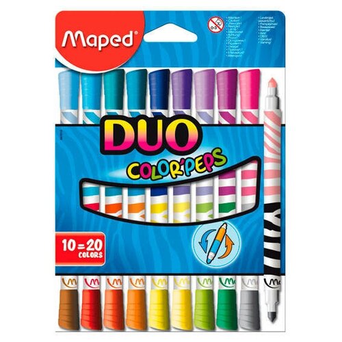 фото Фломастеры цветные двусторонние maped color'peps duo 10 штук , 20 цветов , 4,7 мм смываемые на водной основе / набор для рисования