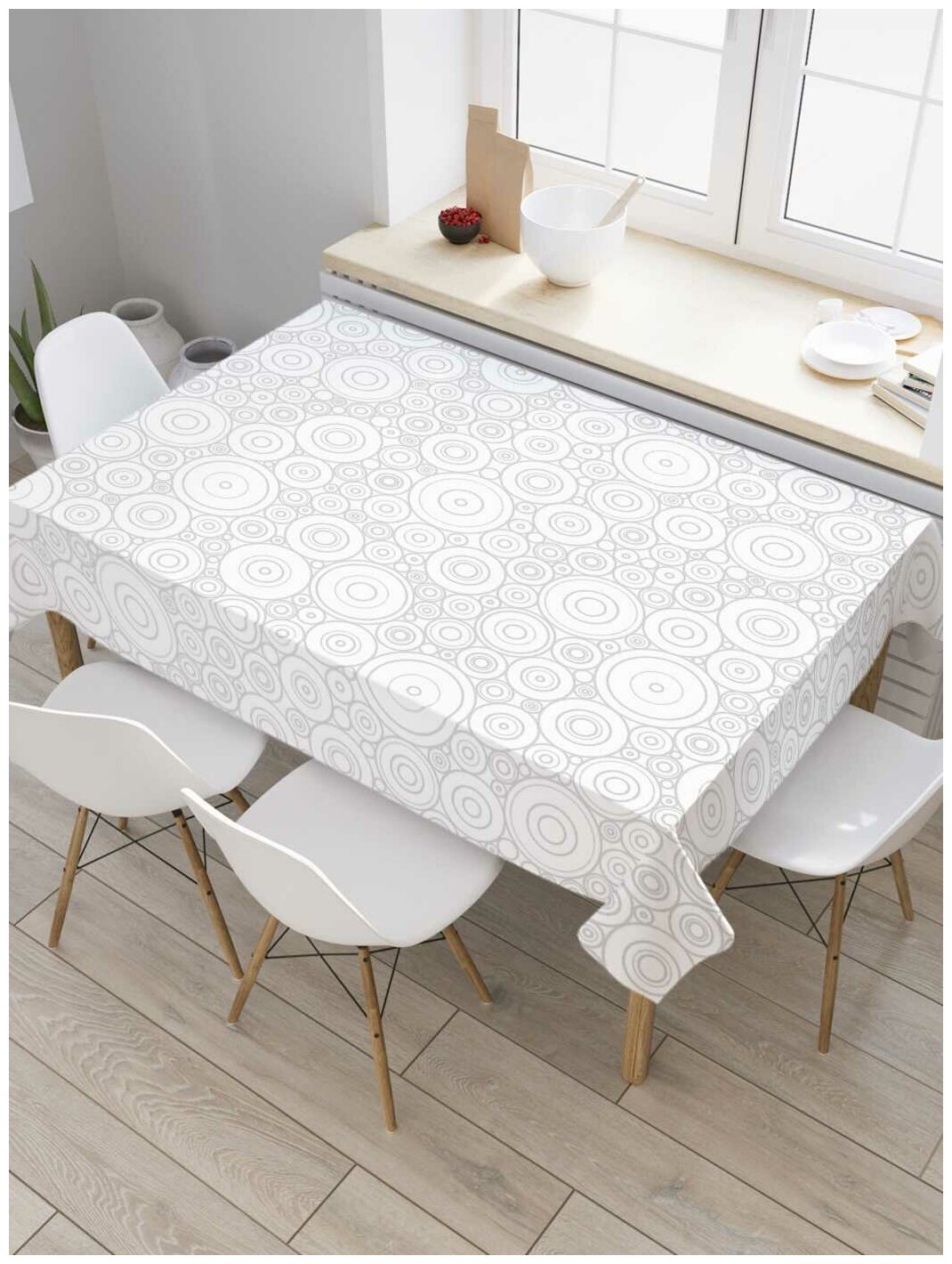 Прямоугольная водоотталкивающая тканевая скатерть на стол JoyArty с рисунком "Узоры с кругами" 145 на 180 смсерый, белый