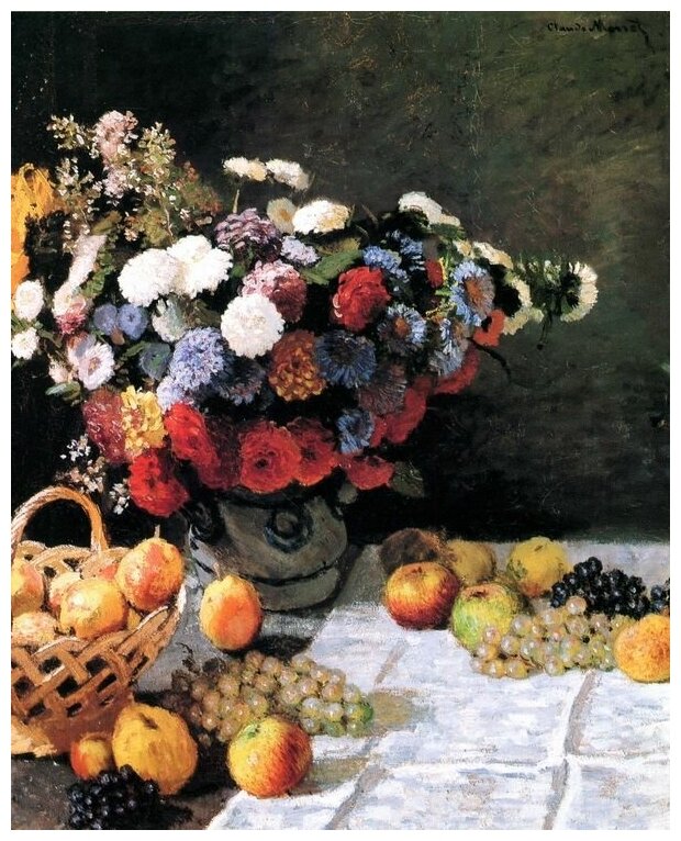 Репродукция на холсте Натюрморт с цветами и фруктами (Still-Life with Flowers and Fruits) Моне Клод 50см. x 62см.