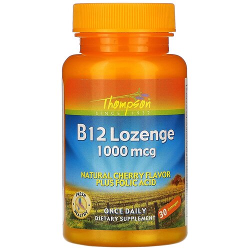 Витамины группы B Thompson, B12, Натуральный Аромат Вишни, 1000 мкг, 30 таблеток, 1000 мг