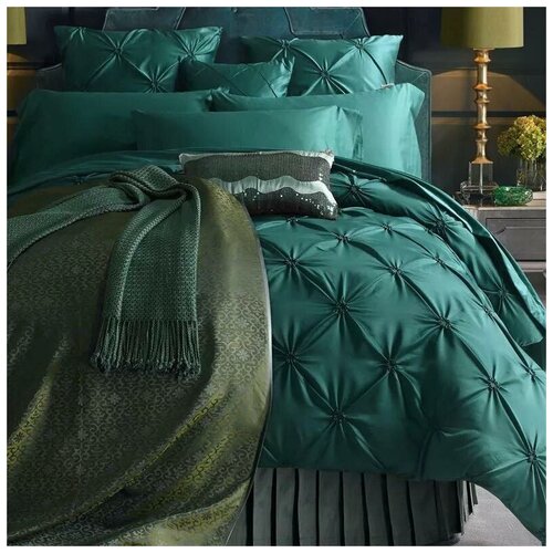 Комплект постельного белья E-shine Шелк, Евро, Темно- зеленый изумруд