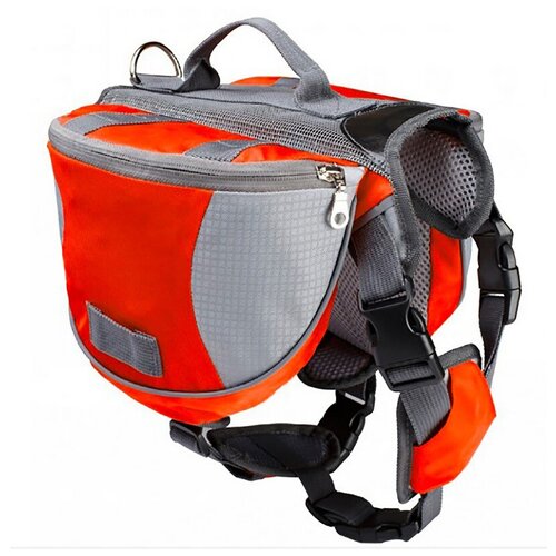 фото Шлейка для собак светоотражающая с рюкзаком и карманами на спину (сумка-седло), размер m оранжевая pinterchains