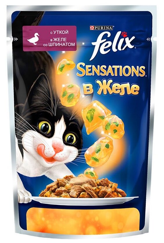 Влажный корм Felix Sensations (Феликс Сенсейшенс) для взрослых кошек, с уткой в желе со шпинатом 85 г х 26 шт/ Корм для кошек оптом/ Паучи для кошек - фотография № 3