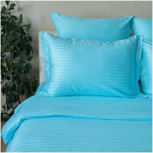 Постельное Белье Сатин Страйп Голубой 1.5 спальный 1 наволочка (полоса 1x1см) на молнии