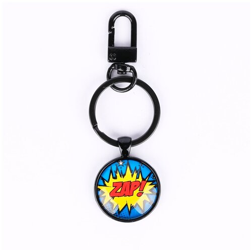 фото Брелок darifly "надпись "zap!" на жёлто-синем в стиле комикс" черный с карабином, кольцом 3 см и стеклянной вставкой, в подарочной упаковке