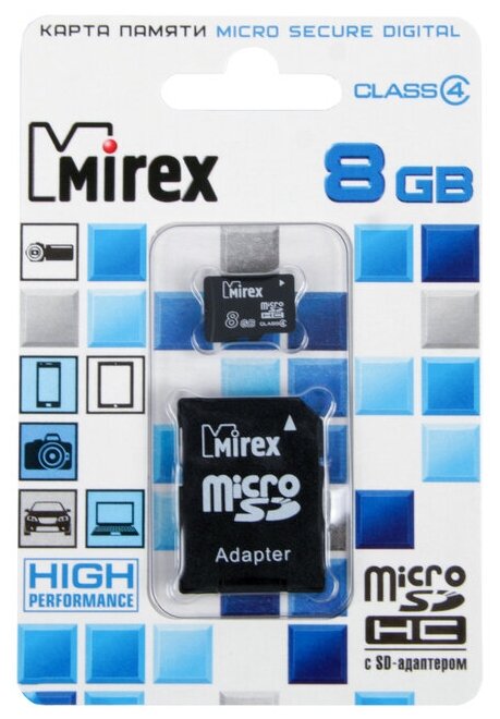 Карта памяти microSD Mirex 8Gb Class 4 c адаптером