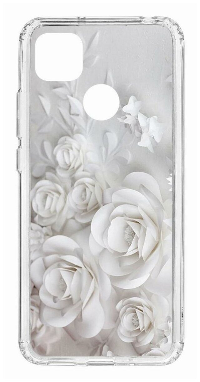 Чехол для Xiaomi Redmi 9C Kruche Print White roses,противоударная пластиковая накладка с рисунком,силиконовый бампер с принтом и защитой камеры