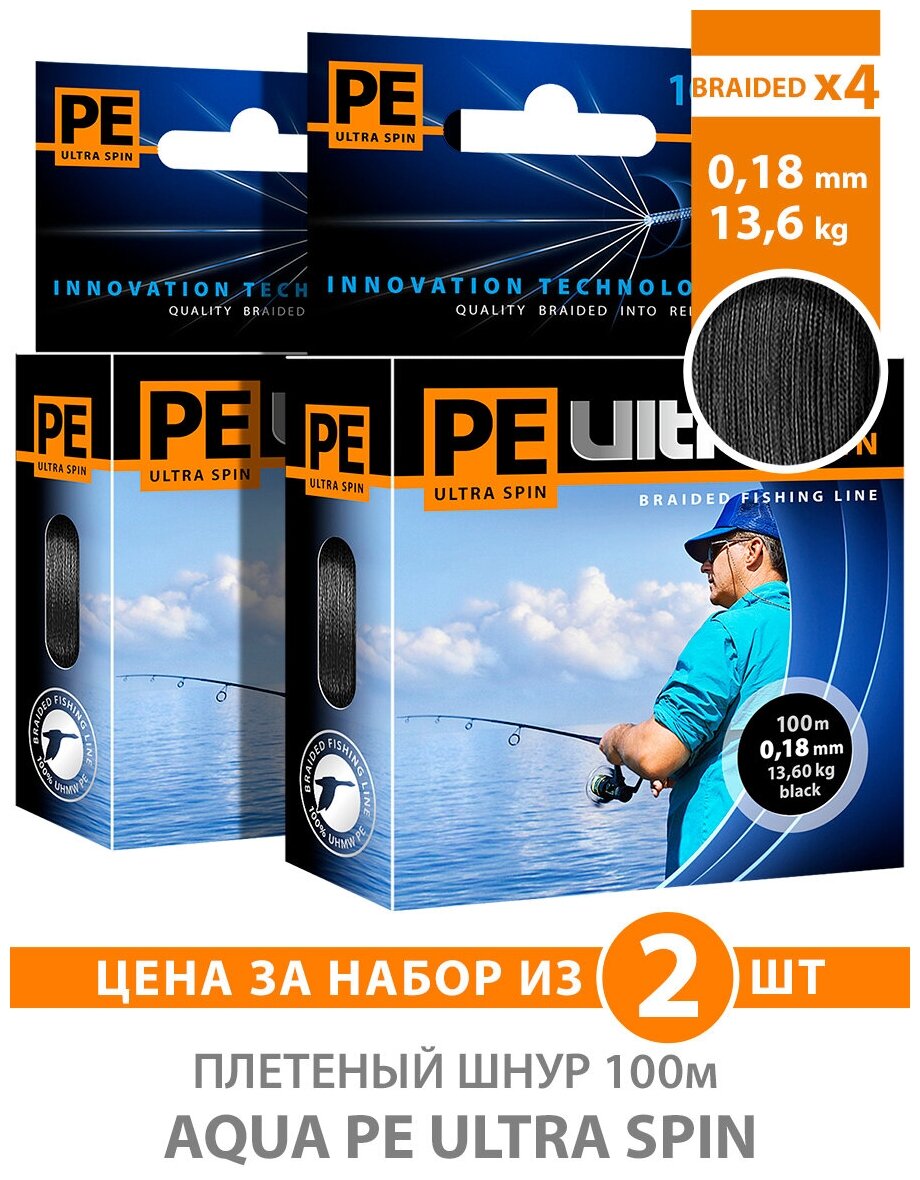 Плетеный шнур для рыбалки AQUA PE ULTRA SPIN Black 0,18mm 100m, цвет - черный, test - 13,60kg (набор 2 шт)