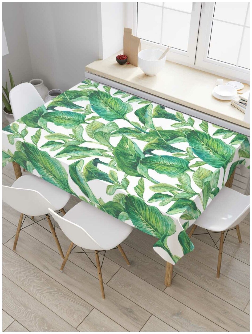 Скатерть прямоугольная JoyArty на кухонный стол "Ботаника тропических листьев" из оксфорда, 180x145 см