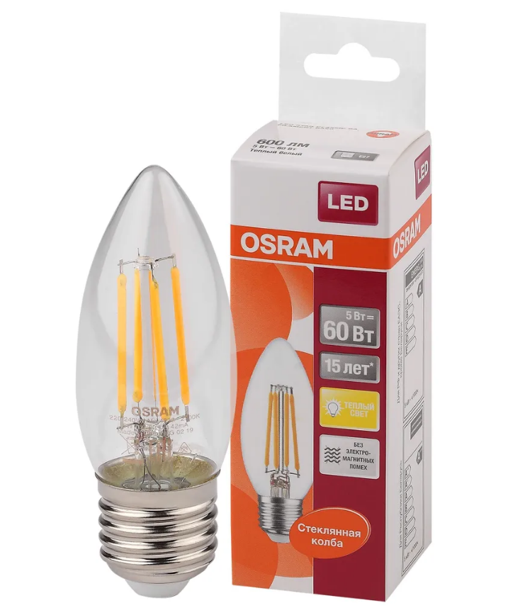 Филаментная лампа е27 Osram LED Star, 600лм, 5Вт, 2700K, теплый свет, Цоколь E27, свеча, светодиодная