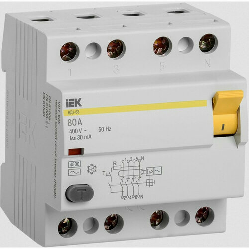 УЗО IEK 30мА тип AC ВД1-63 MDV10-4, 80 А, 4 полюса выключатель дифференциального тока вдт узо iek mdv10 4 025 100 4п 25а 100ма вд1 63 ас
