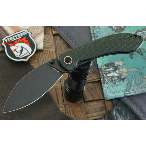 фото Складной нож vosteed nightshade ts, сталь nitro-v, черный стоунвош, рукоять зеленая микарта