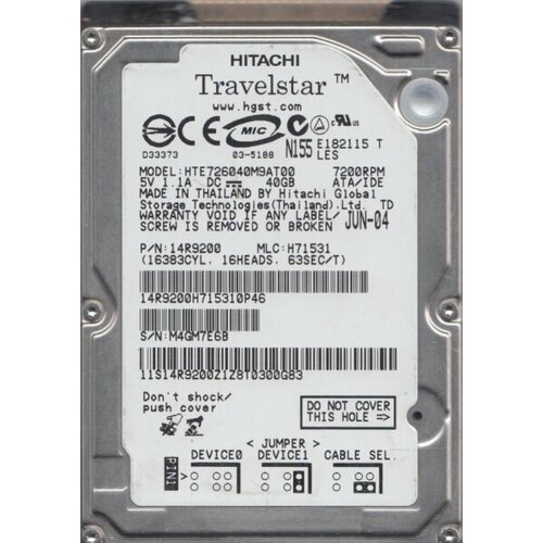 Жесткий диск Hitachi 14R9200 40Gb 7200 IDE 25 HDD 1142000₽