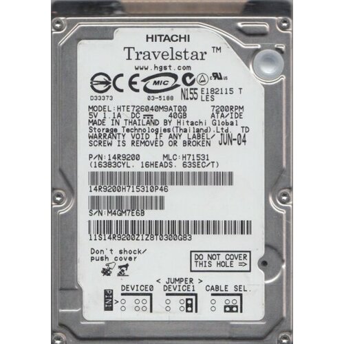 Жесткий диск Hitachi 14R9200 40Gb 7200 IDE 2,5 HDD