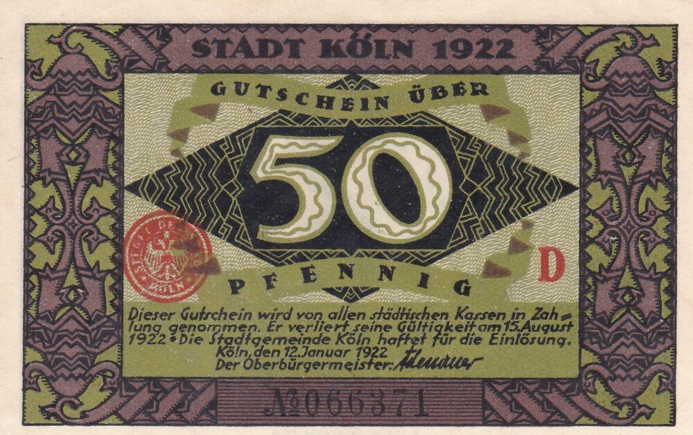 Германия (Веймарская Республика) Кёльн 50 пфеннигов 1922 г. (Вид 3) (№1)