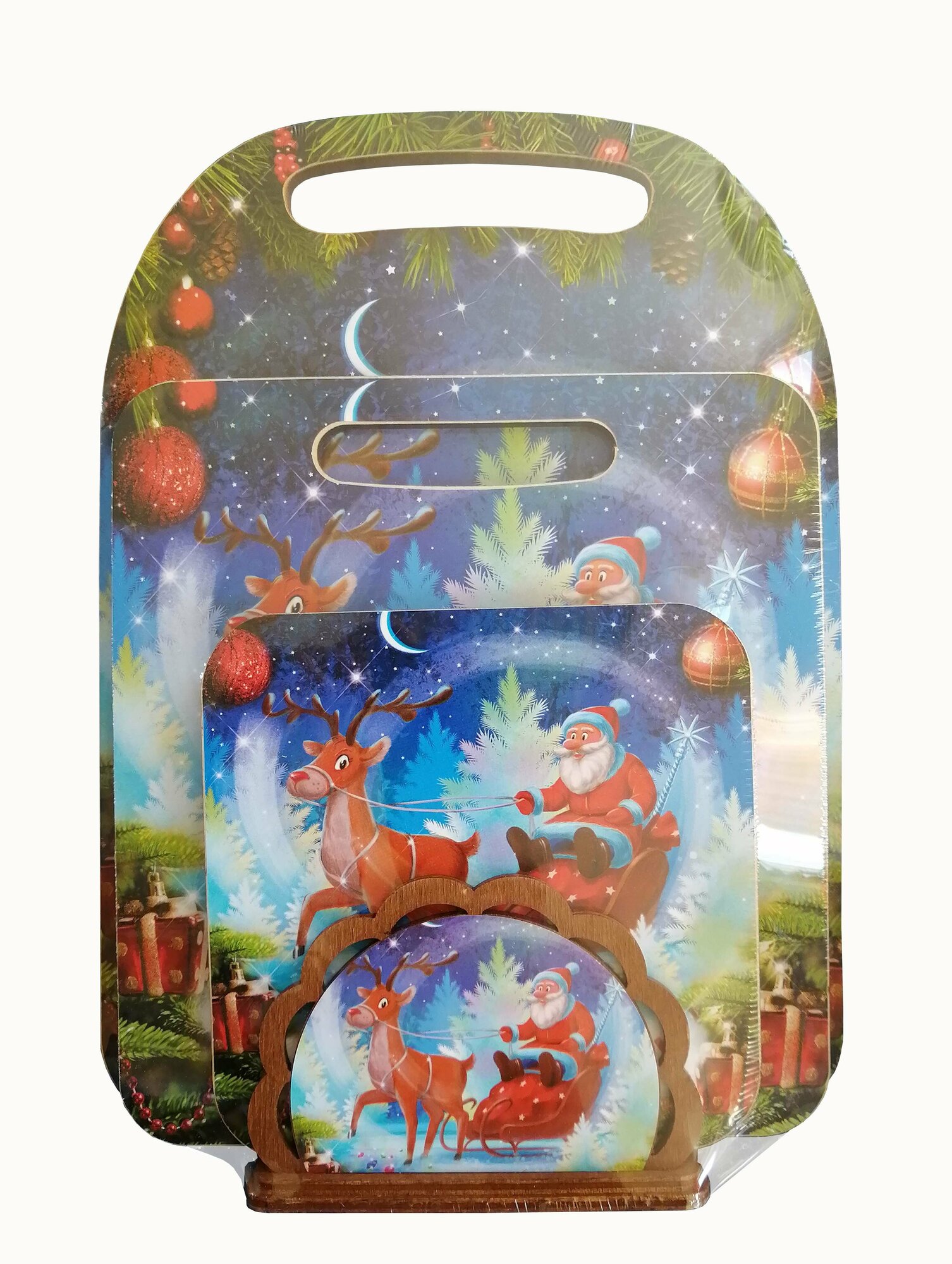 Комплект "Дед Мороз и олень" (доска разделочная, доска малая, подставка под горячее 14 см, салфетница).
