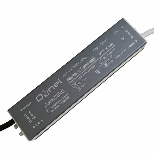 Donel,60Вт, DC24В,2.5А, IP67, 180x40x23мм, блок питания для светодиодной ленты, серия: DN8HF