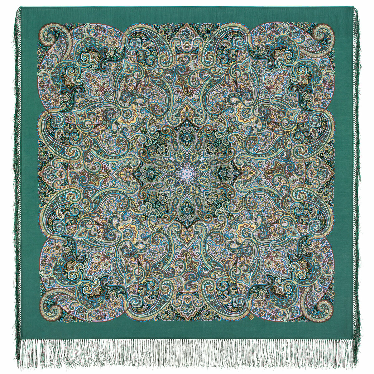 Платок женский на голову шерстяной Павловопосадские платки 1928 Поцелуй русалки 9, зеленый, 125 х 125 см