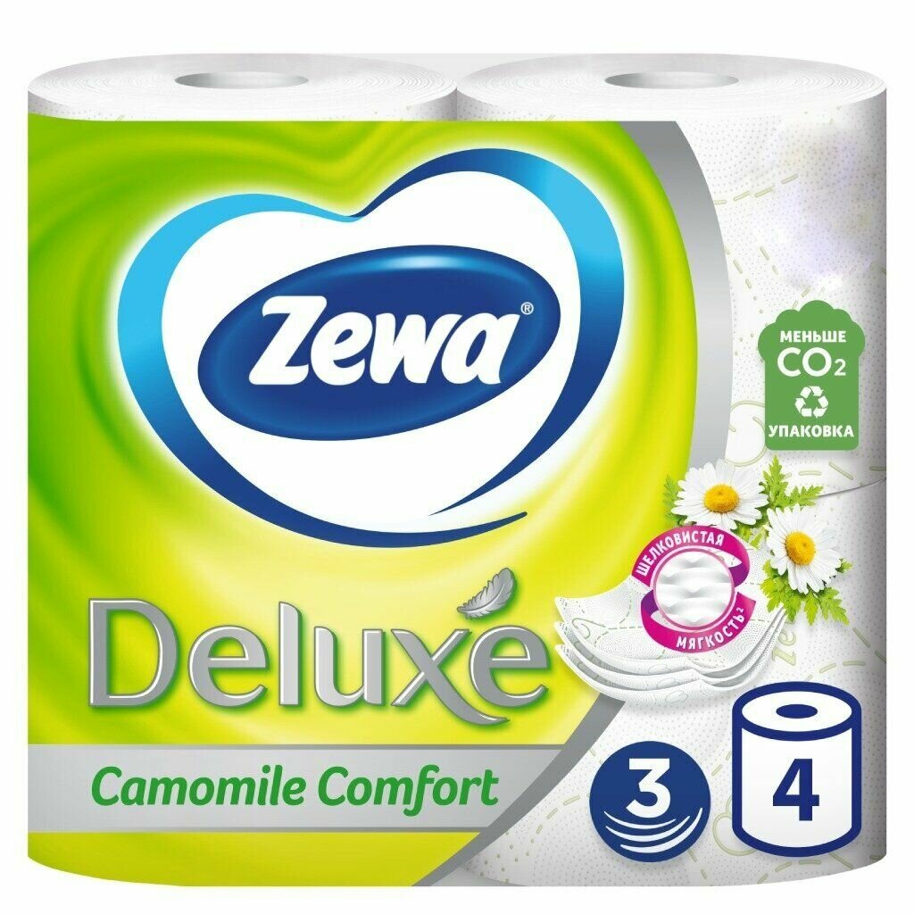 Трехслойная туалетная бумага Zewa Deluxe Camomile Comfort Ромашка, белый, 4 рулона - фото №2