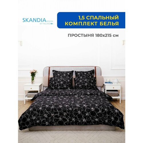 Комплект постельного белья SKANDIA design by Finland 1,5 спальный Микро Сатин, 2 наволочки, X139 Цветы на черном