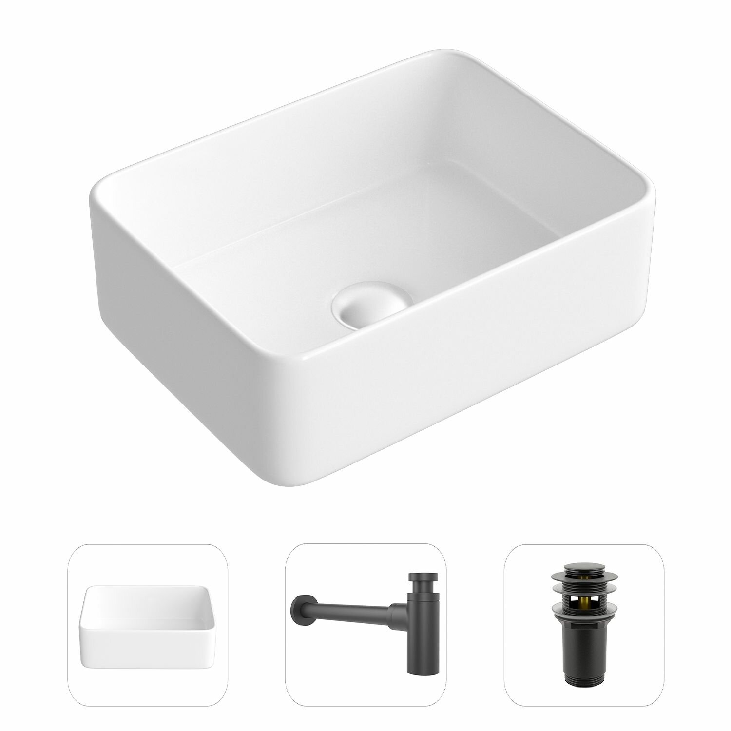 Накладная раковина в ванную Helmken 67440000 комплект 3 в 1: умывальник прямоугольный 40 см, сифон и донный клапан click-clack в цвете черный