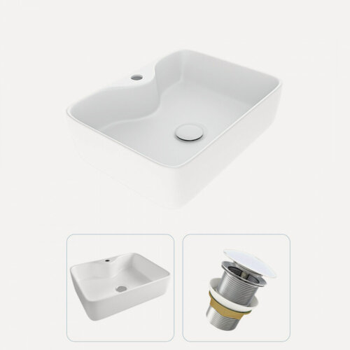 Изображение товара Раковина накладная для ванной Teymi Helmi S 48 в комплекте донный клапан клик-клак без перелива белый F01574