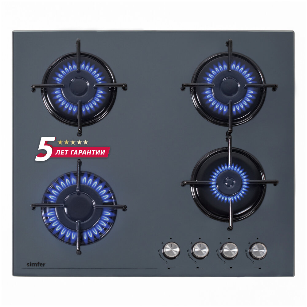 Газовая варочная поверхность Simfer H60N40G570 (газ-контроль, авторозжиг, эмалированные решетки, серое стекло) - фото №1