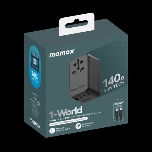 Зарядное устройство сетевое, универсальное Momax UA16GSD 1-World 140W GaN, 3xType-C + 1xUSB-A - (Black) черный