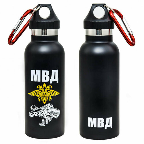 Термос с карабином МВД черный, белая надпись