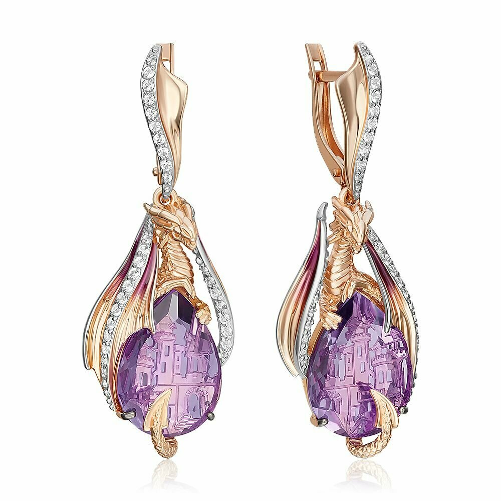 Серьги PLATINA, красное золото, 585 проба, эмаль, топаз, аметист, , красный