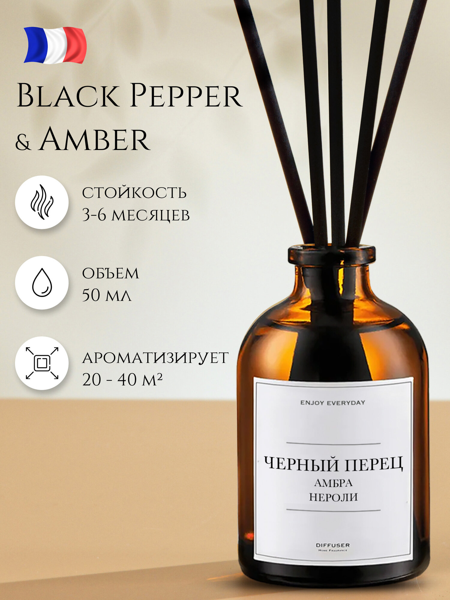 Ароматический диффузор для дома, ароматизатор для дома, Black Pepper&Amber&Neroli, 50мл