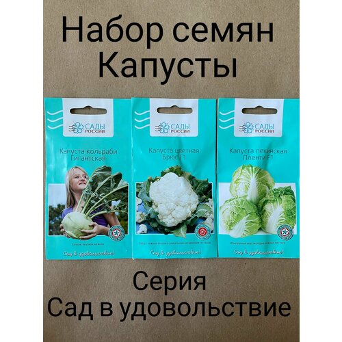 Набор семян капусты 3 сорта: кольраби "Гигантская", цветная "Брюс F1", пекинская "Пленти F1"