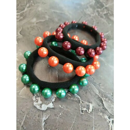 Набор резинок для волос с бусинами, 3 шт, оранжевый-зеленый-бордо