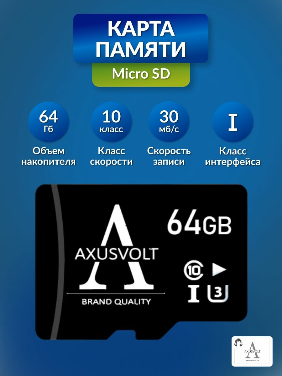 Карта памяти Micro SD на 64 Гб, 10 класс, AXUSVOLT