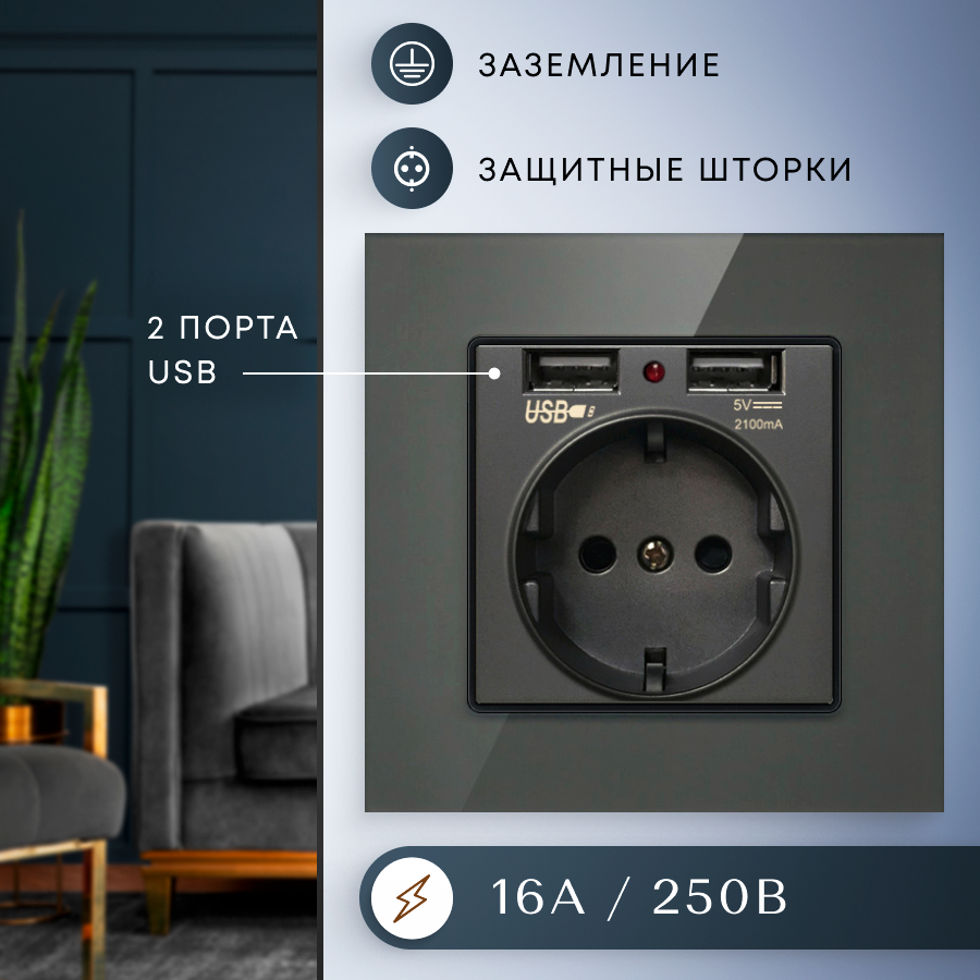 фото Розетка черная/USB/Зарядки/Розетки с заземлением/Розетки с USB/Розетки открытые/Пластиковые розетки
