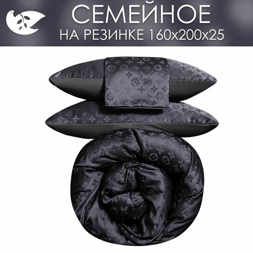 Постельное белье на резинке однотонное Семейное черное, сатин жаккард, на молнии, 2 наволочки 70x70 / Комплект постельного белья однотонный Семейный 160 200 25, темно-серое, размер семейный