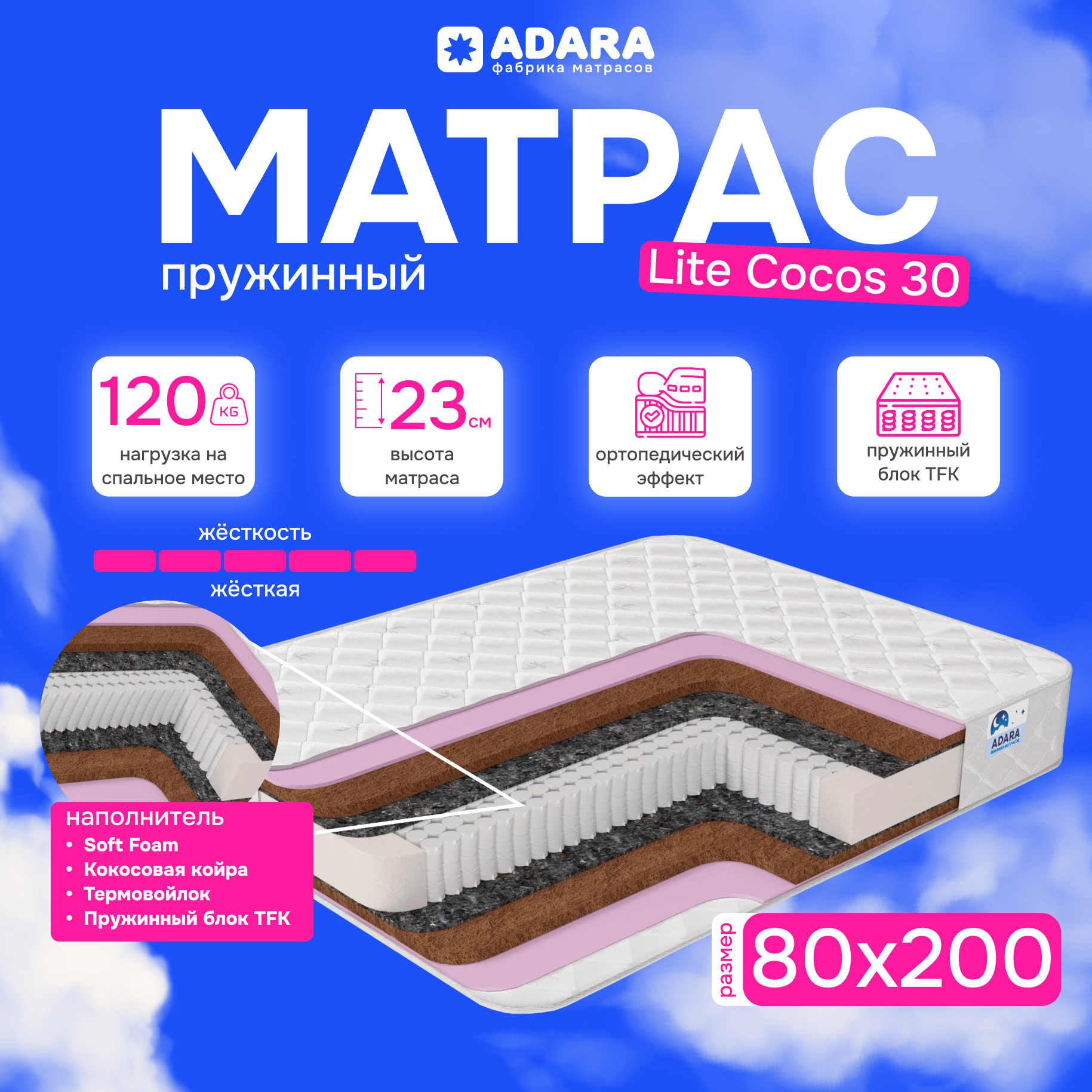Матрас Lite Cocos 80х200 см 30, Независимые пружины, односпальный ортопедический