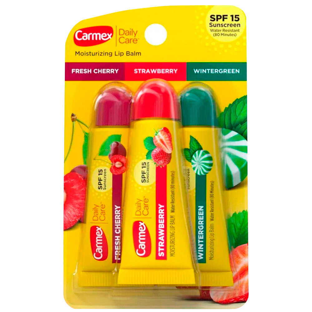 Набор бальзамов для губ Carmex ассорти (вишня, клубника, мятный леденец) SPF 15 в тубе 3 шт. по 10 г