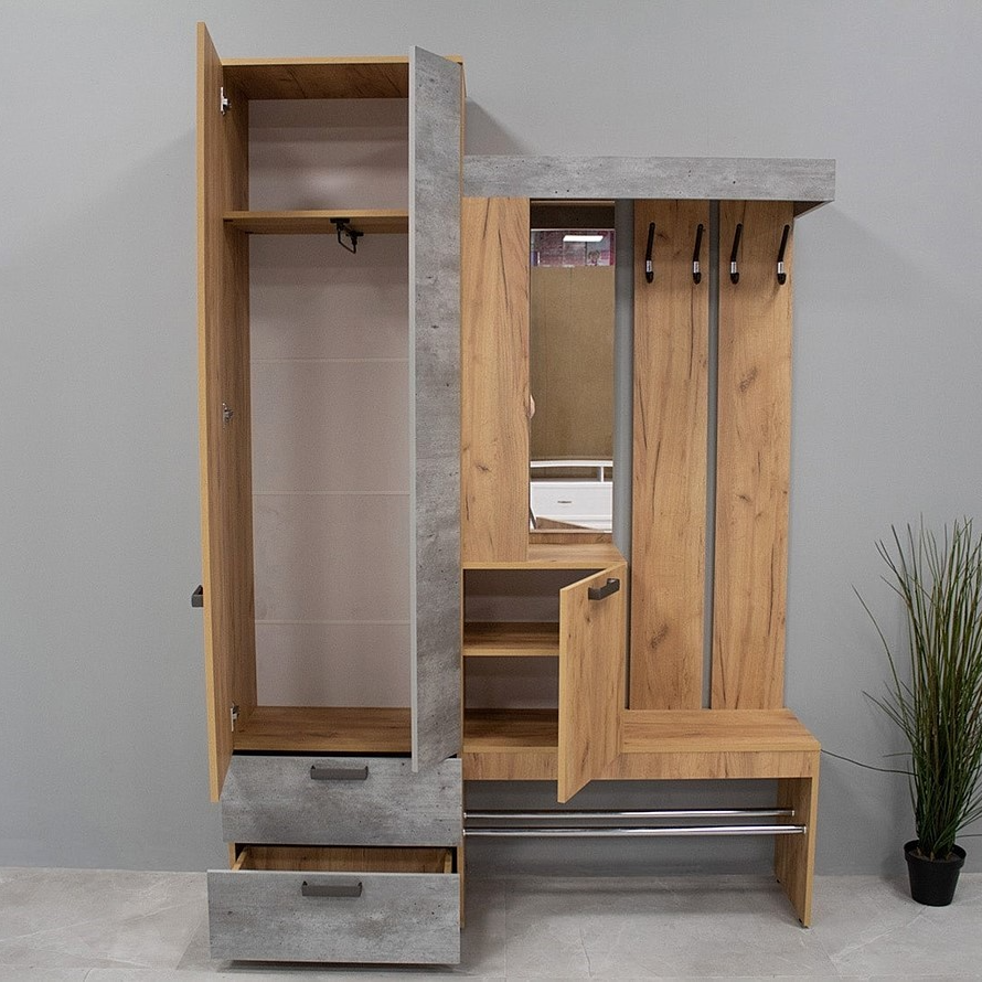Прихожая мебель с зеркалом и шкафом, 150*217,6*37,2 см, крафт/бетон, "Трамп" — фото 1
