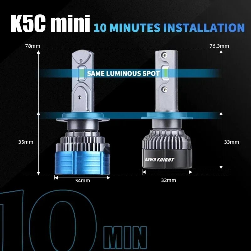 DAWNKNIGHT K5C Mini 40W H7 H4 Long Life Version Светодиодная лампа для фар 4300K K6C Led HB3 H11 Лампа H1 HB4 Светодиодные фонари для автомобиля 12 В, 6000K, H7 — фото 1