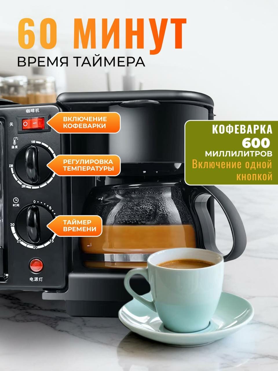 Многофункциональная электрическая мини-печь "три в одном" с функциями нагрева, барбекю, выпечки, омлета, размораживания и приготовления кофе — фото 1