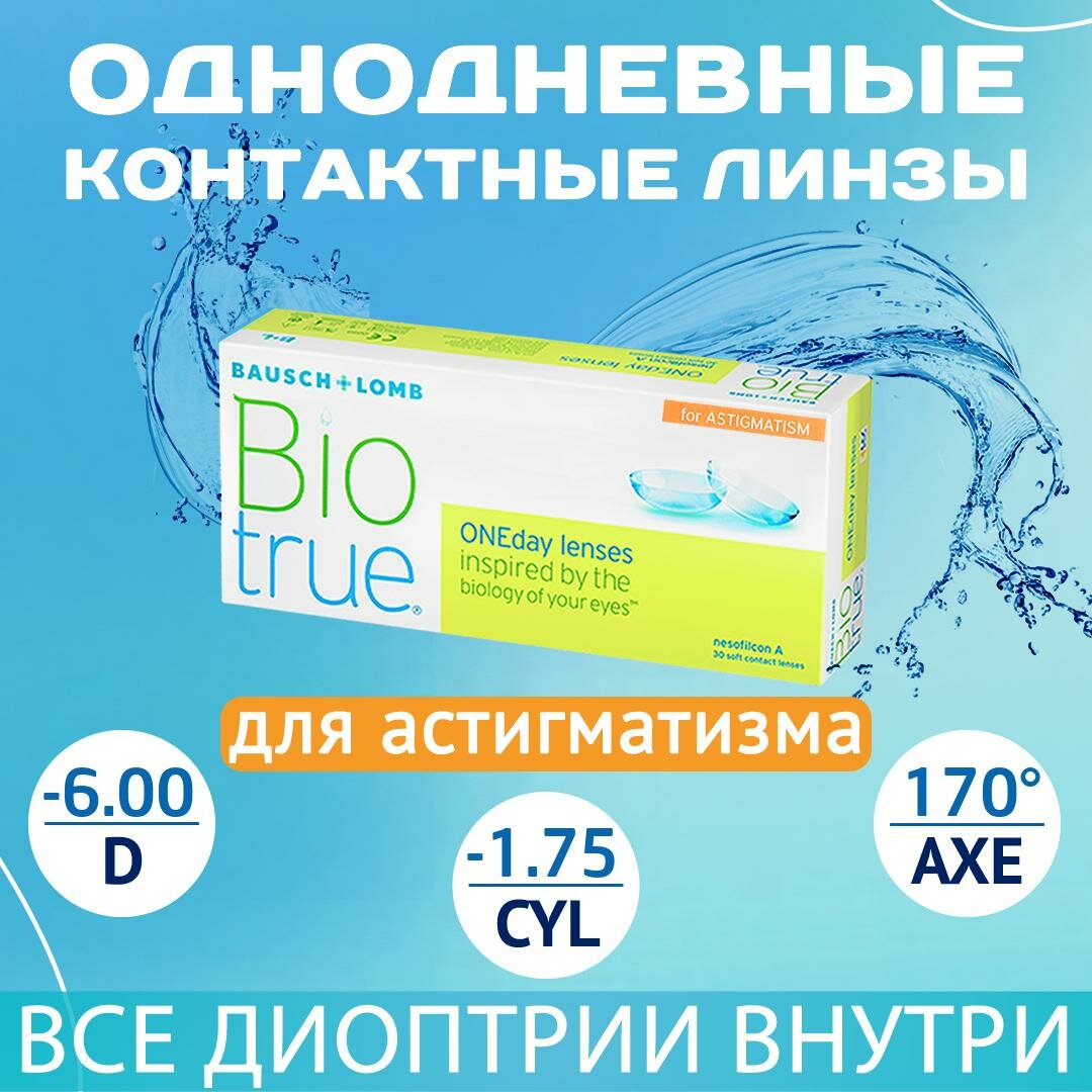 Астигматические линзы Biotrue ONEday for Astigmatism D-6.00, CYL-1.75, AXE 170°, R 8.4, однодневные, 30 шт.