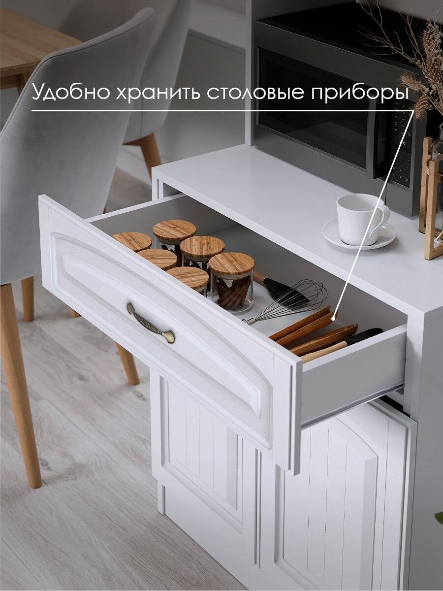 Буфет для кухни со стеклом напольный, кухонный шкаф для посуды, белый, Стилика — фото 1