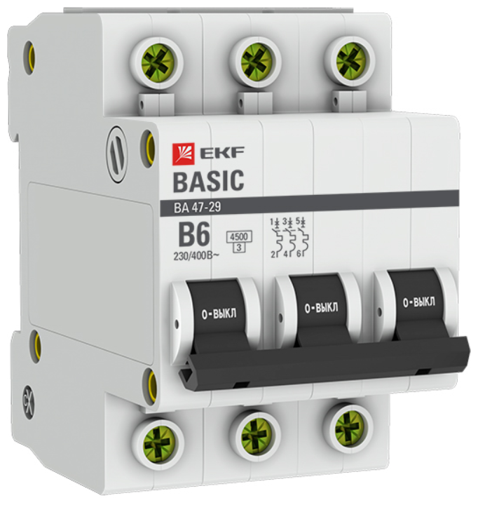 Автоматический выключатель EKF (mcb4729-3-06-B) 3P 6А 4,5 кА 230 В на DIN-рейку