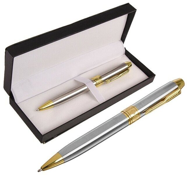 Ручка подарочная, шариковая "Стиль" в кожзам футляре, поворотная, серебристо-золотистый корпус