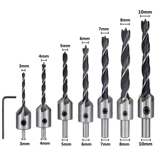 Набор сверл по дереву 8 штук (3мм, 4мм, 5мм, 6мм-2шт, 7мм, 8мм, 10мм) / Сверло с зенкером